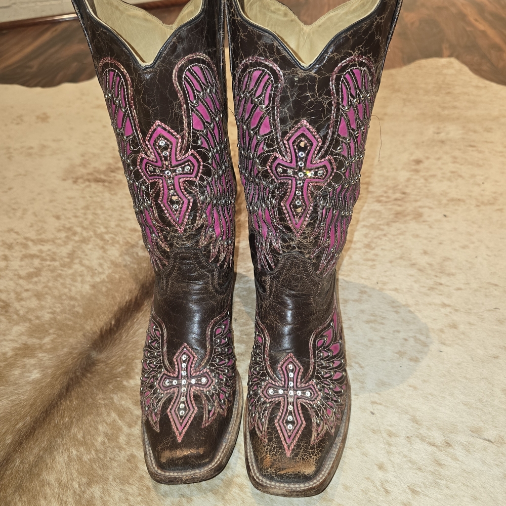 Corral Pink and Brown Western Boots with Cross Design